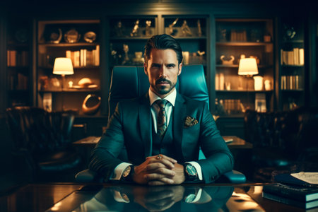 Portrait of a confident businessman sitting at the table in his office.の素材