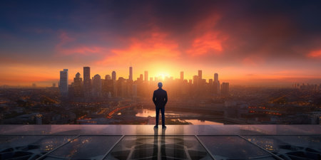 Silhouette of a businessman standing on top of a skyscraper and looking at the sunsetの素材