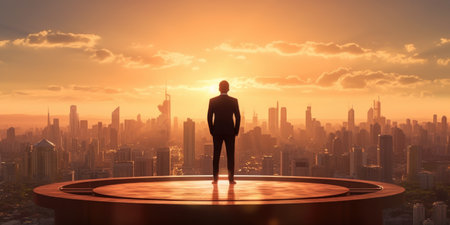 Rear view of businessman standing on podium and looking at city at sunsetの素材
