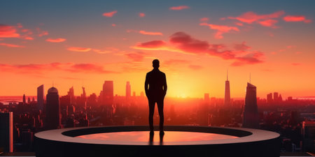 Silhouette of a man standing in front of a city panoramaの素材