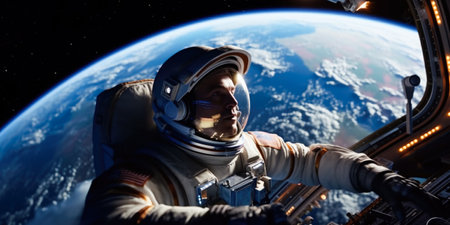 Spaceman in spacesuit against the background of the planet Earth.の素材