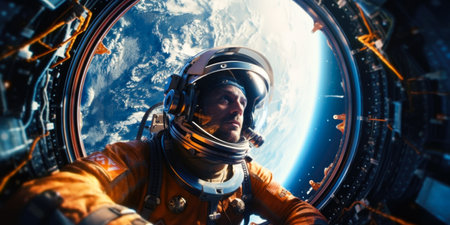 Astronaut in spacesuit and helmet against the background of the Earth.の素材