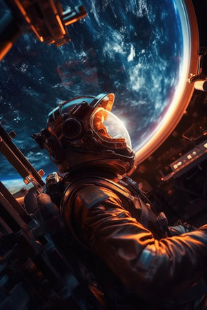 Astronaut in spacesuit and helmet against the background of the planet.の素材
