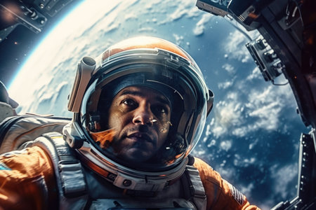 Astronaut in spacesuit against the background of the planet.の素材