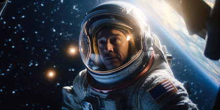 Astronaut in spacesuit against the background of the planet.の素材