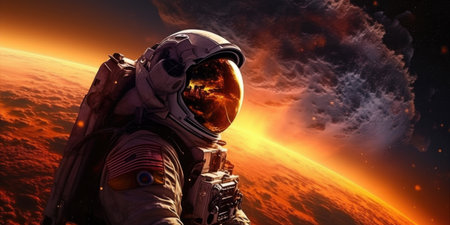 Astronaut in outer space against the backdrop of the planet.の素材
