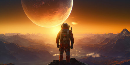 Astronaut on the top of a mountain.の素材
