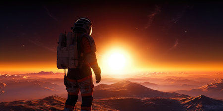 Astronaut on the background of the sunrise.の素材
