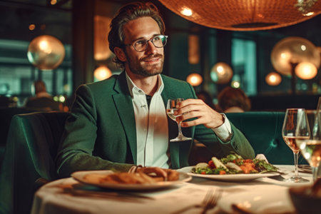 Handsome man in formalwear drinking wine while having dinner in a restaurantの素材