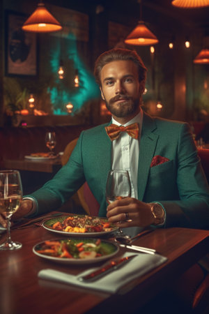 Handsome man in elegant suit and bow tie having dinner in a restaurant.の素材