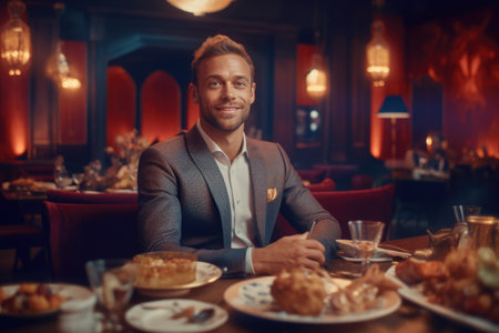 Portrait of a handsome young man sitting at a table in a restaurantの素材