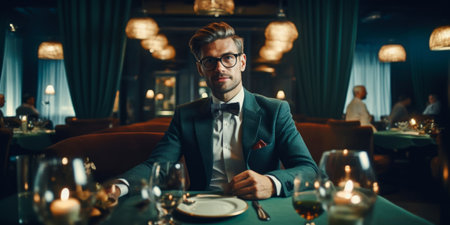 Handsome young man in elegant suit and glasses sitting in a luxury restaurantの素材