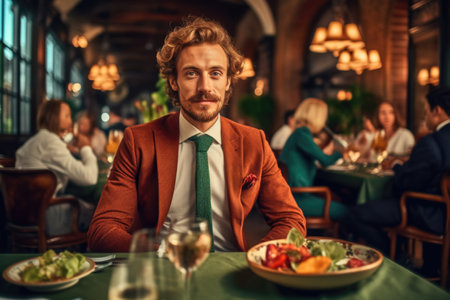Portrait of a handsome young businessman sitting at a table in a restaurant.の素材