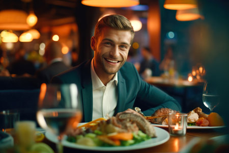 Handsome man having dinner in a restaurant. Cheerful young man smiling and looking at camera while sitting at the tableの素材