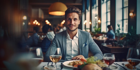 Handsome young man smiling and looking at camera while sitting in restaurantの素材