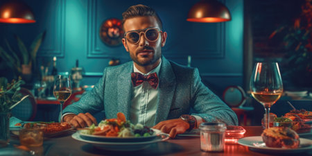 Handsome young man in elegant suit and bow tie is having dinner in a restaurant.の素材