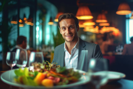 Portrait of a handsome man with a plate of salad in a restaurantの素材