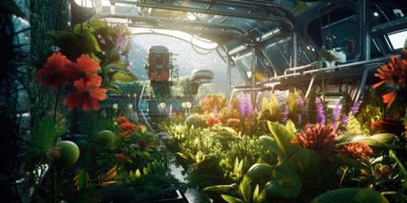 Greenhouse full of beautiful flowers and plants. 3d rendering.の素材