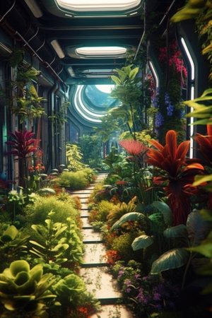 Tropical garden with fern, plants, flowers and treesの素材
