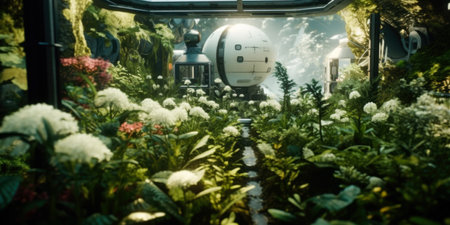 3D rendering of a steam locomotive in a tunnel of flowersの素材