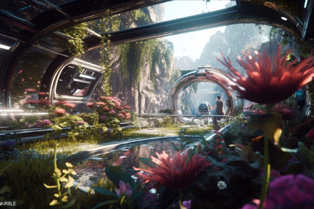 Futuristic interior of a high-rise building with a waterfallの素材