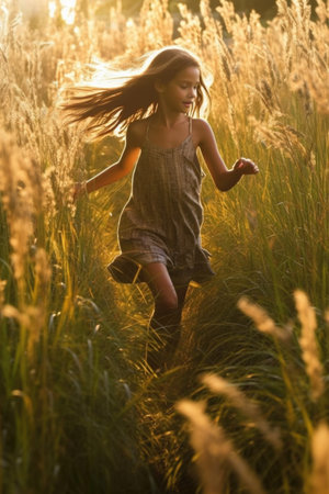 Little girl running in the field at sunset. Beautiful girl with long hair.の素材