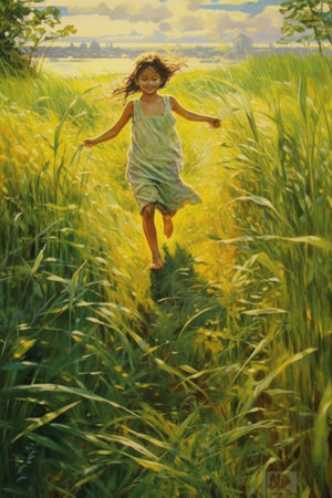 Young girl in green dress jumping in a field of wheat. Photo in oil.の素材