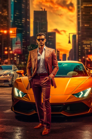Handsome young man in sunglasses and a yellow suit standing on the road near his sport car.の素材