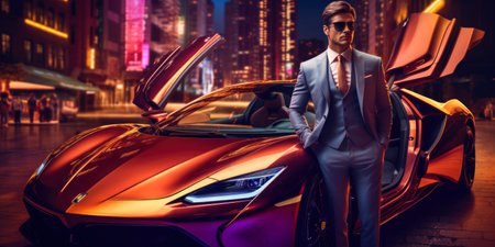 Fashion shot of a handsome man in a suit and sunglasses standing next to his sport car.の素材