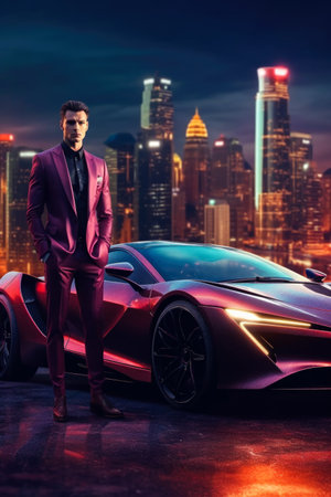 Handsome young man in suit standing near luxury sport car at nightの素材