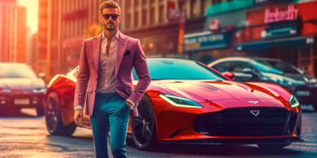 Handsome young man in sunglasses and a pink suit is standing in front of his luxury sports carの素材