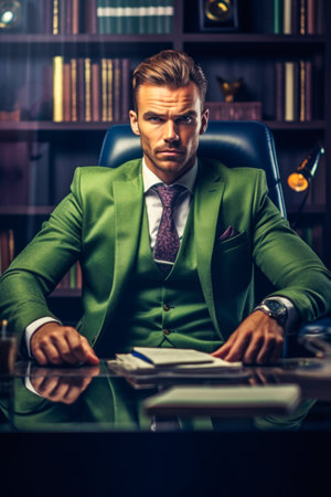 Serious businessman sitting at the desk in office and looking at cameraの素材