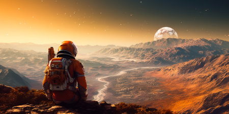 Astronaut sitting on the edge of the cliff.の素材