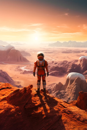 Astronaut standing on the edge of the cliff in the desertの素材