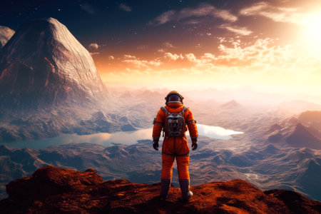 Astronaut on the top of a mountain.の素材