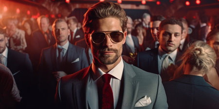 Handsome businessman in sunglasses looking at camera during movie in cinemaの素材