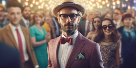 Portrait of a handsome man in a hat and glasses against a crowd of peopleの素材