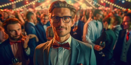 Portrait of a handsome man with glasses and bow tie in a nightclubの素材