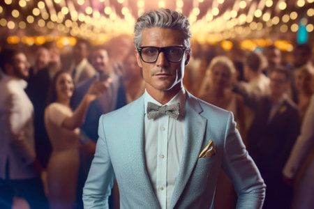 Portrait of a handsome middle-aged man in a blue suit and bow tie on the background of a night club.の素材
