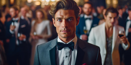 Handsome man in tuxedo and bow tie looking at cameraの素材