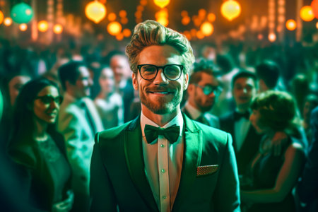 Handsome man with glasses and bow tie dancing in night clubの素材
