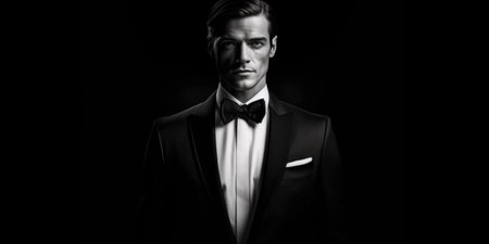 Portrait of a handsome man in a tuxedo on a black backgroundの素材