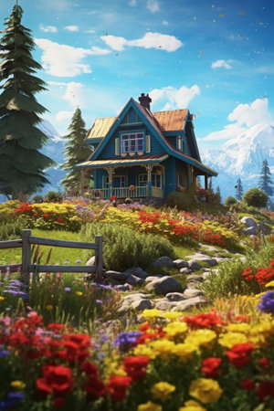 Digital painting of a wooden house surrounded by flowers in a garden.の素材