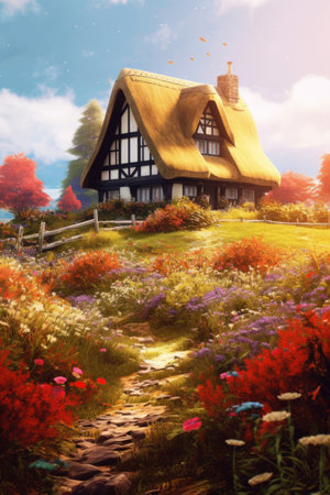 Fantasy landscape with a thatched house in the middle of the meadowの素材