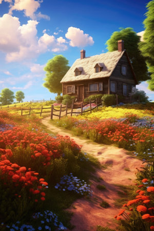 Wooden cottage in the meadow with flowers and blue sky.の素材
