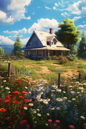 Abandoned house in the middle of the meadow with flowersの素材