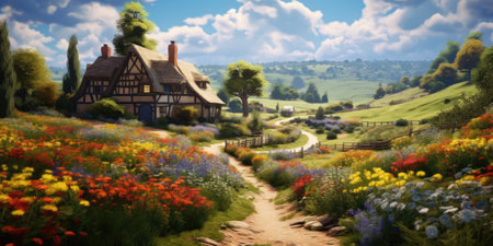 Panoramic view of a cottage in a meadow with flowersの素材