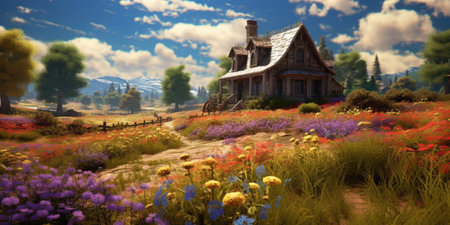 Fantasy landscape with a wooden house and a field of blooming flowersの素材