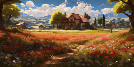 Digital painting of an old house surrounded by a field of poppiesの素材