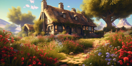 Digital painting of a fairy tale house in the meadow with flowersの素材